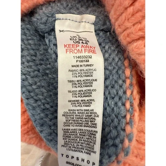 Top Shop Size Small Crewneck Abstract Oversize Crop Sweater Grey Peach Blue - Picture 5 of 5